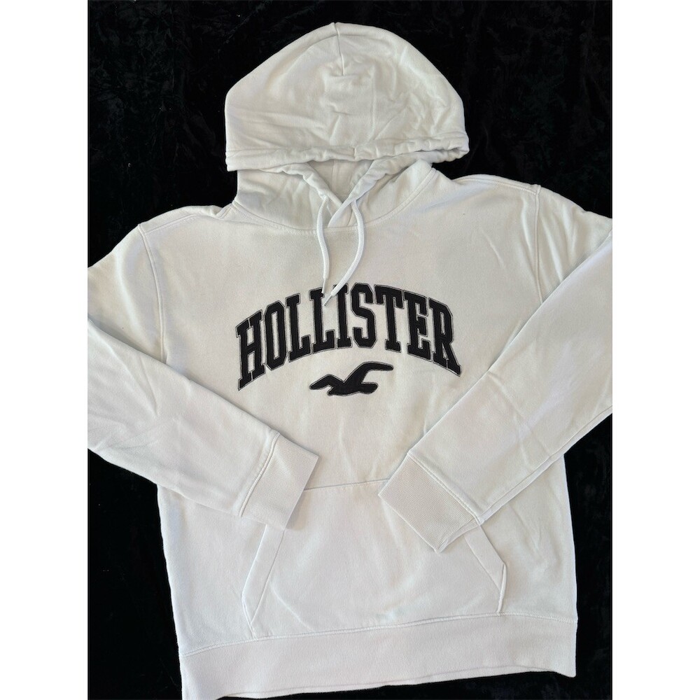 Hollister California Hoodie Mens Size M White Pullover Black Logo Graphic